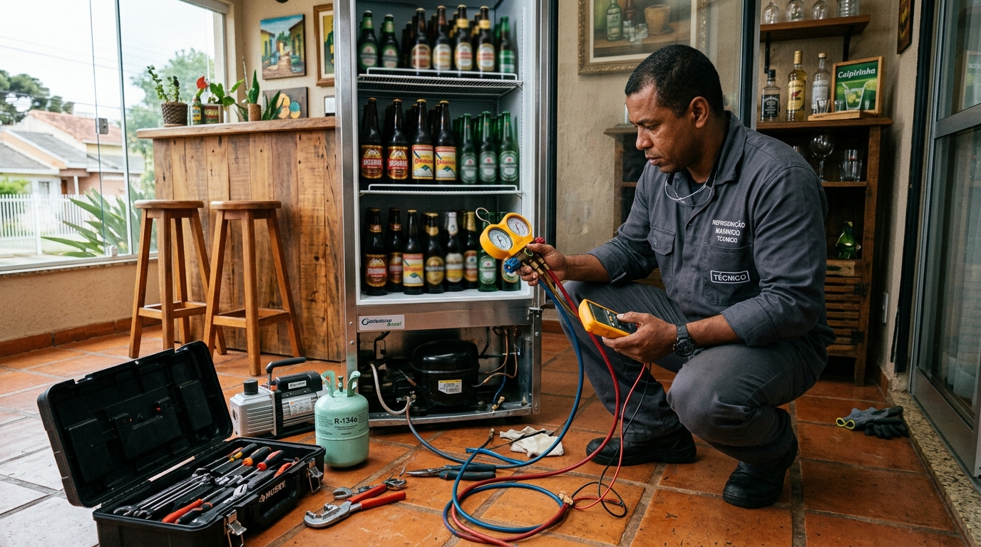 Técnico revisando o motor de uma cervejeira durante chamado em Manaus‑AM