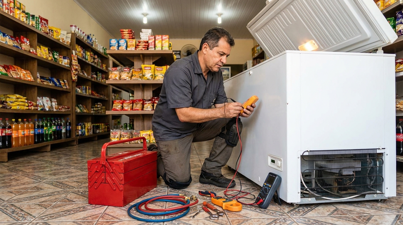 Manômetro conectado ao circuito durante recarga de gás de freezer em Manaus‑AM