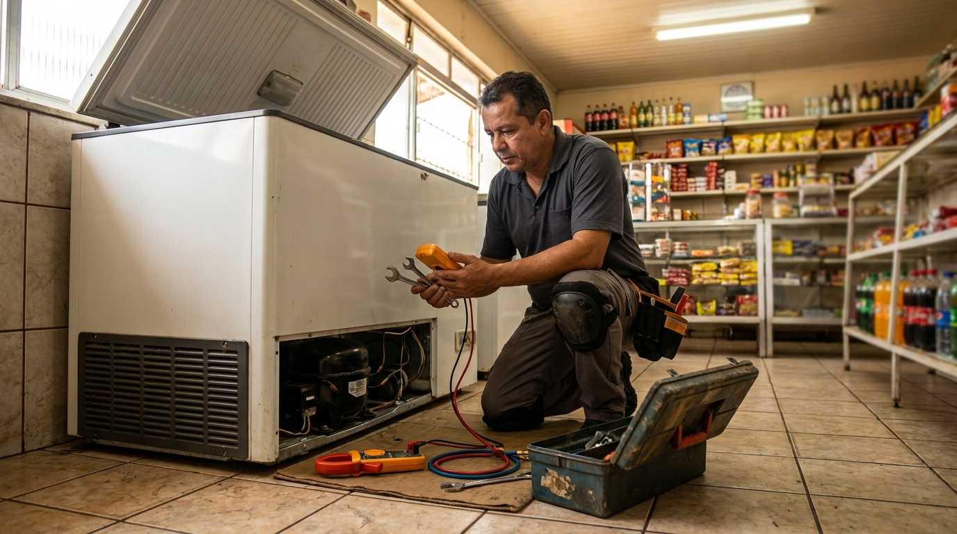 Técnico avaliando um freezer vertical durante atendimento em Manaus‑AM