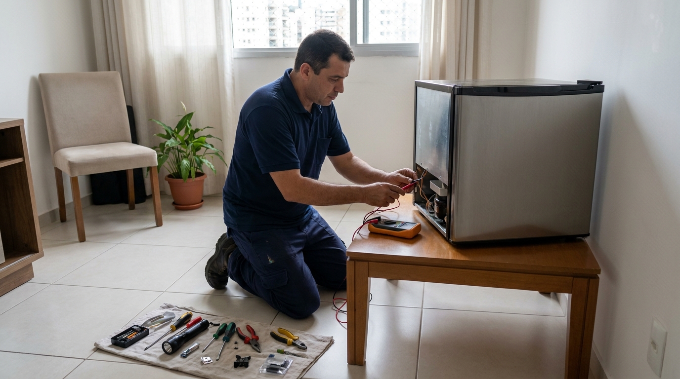 Técnico avaliando um frigobar compacto durante atendimento em Manaus‑AM